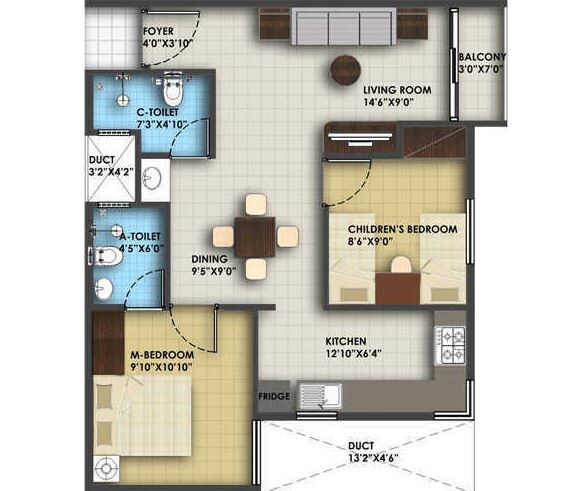 Floor plan of 2 BHK 805 Sq. Ft. Apartment in Icon Honeypool, Bangalore