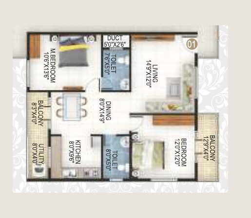 Floor plan of 2 BHK 1180 Sq. Ft. Apartment in Icon SN Luxuria, Bangalore