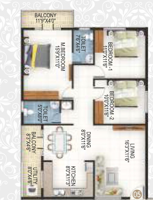 Floor plan of 3 BHK 1445 Sq. Ft. Apartment in Icon SN Luxuria, Bangalore