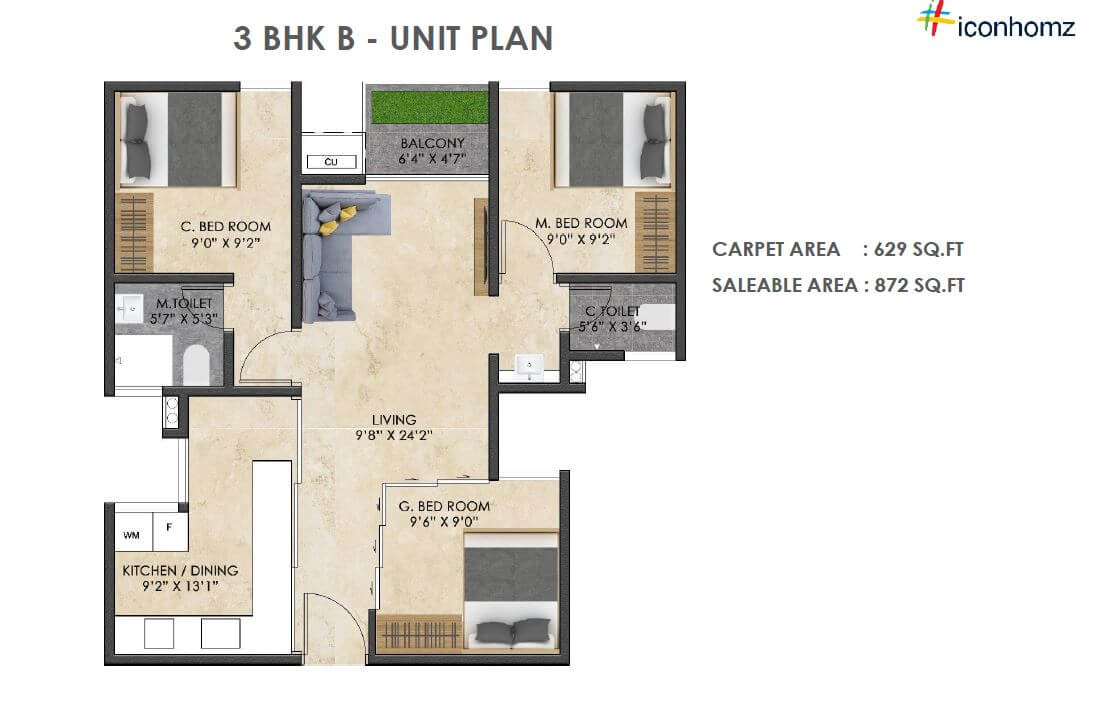 3 BHK 872 Sq. Ft. Apartment