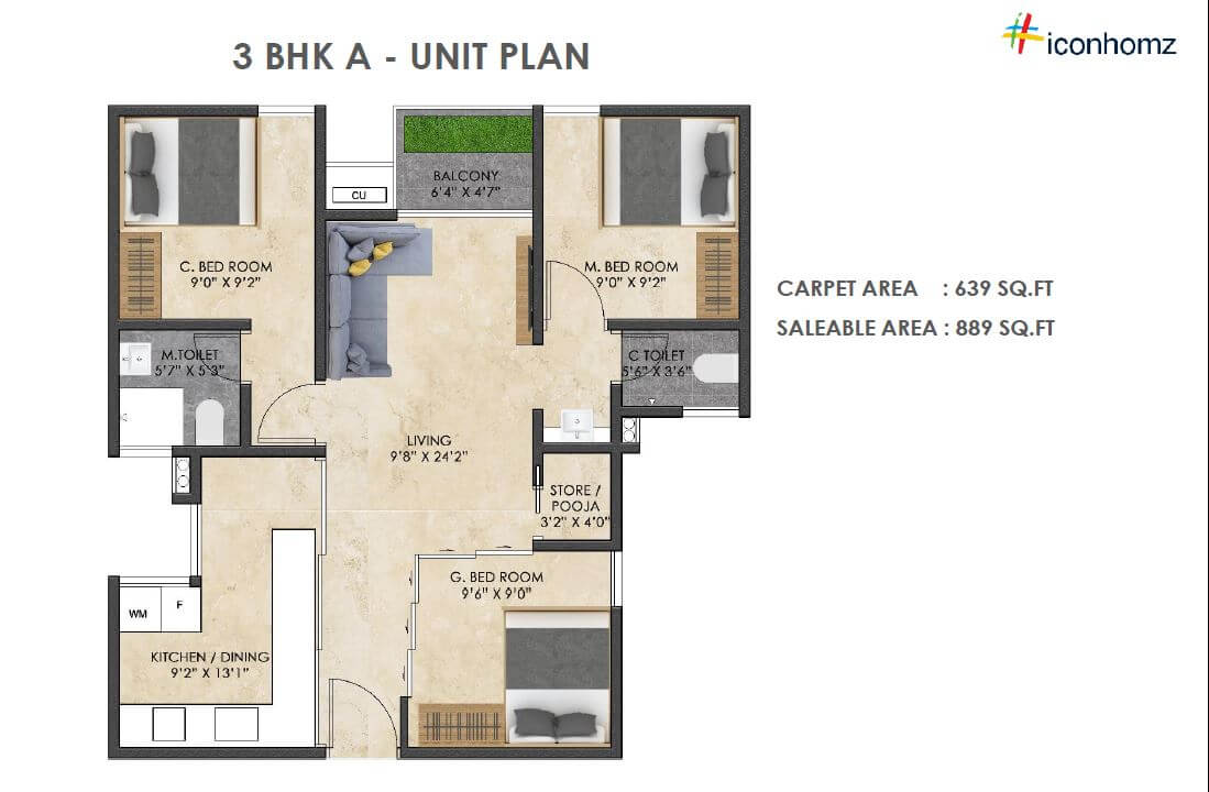 3 BHK 889 Sq. Ft. Apartment