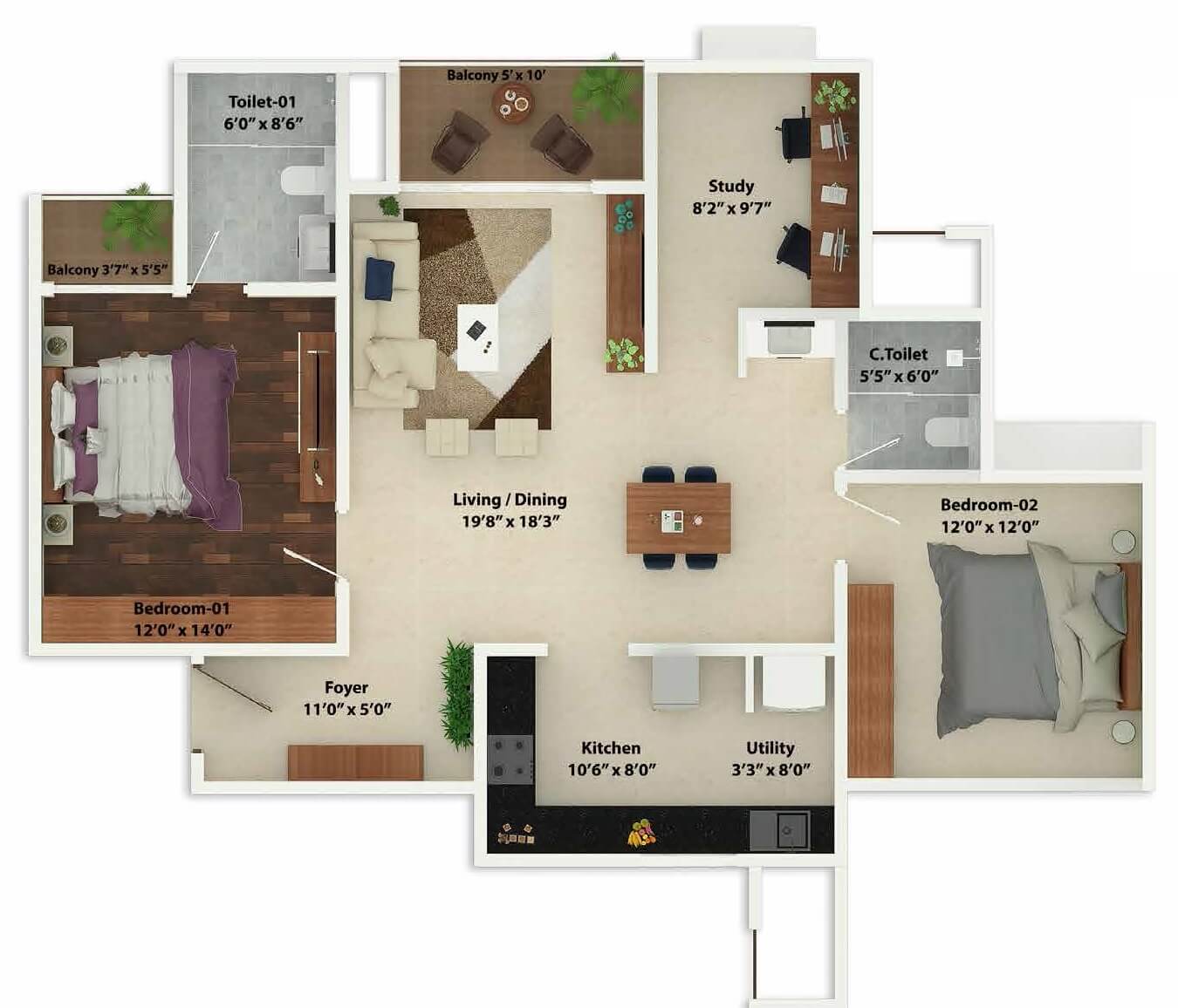 Floor plan of 2 BHK 1012 Sq. Ft. Apartment in Incor Carmel Heights, Bangalore