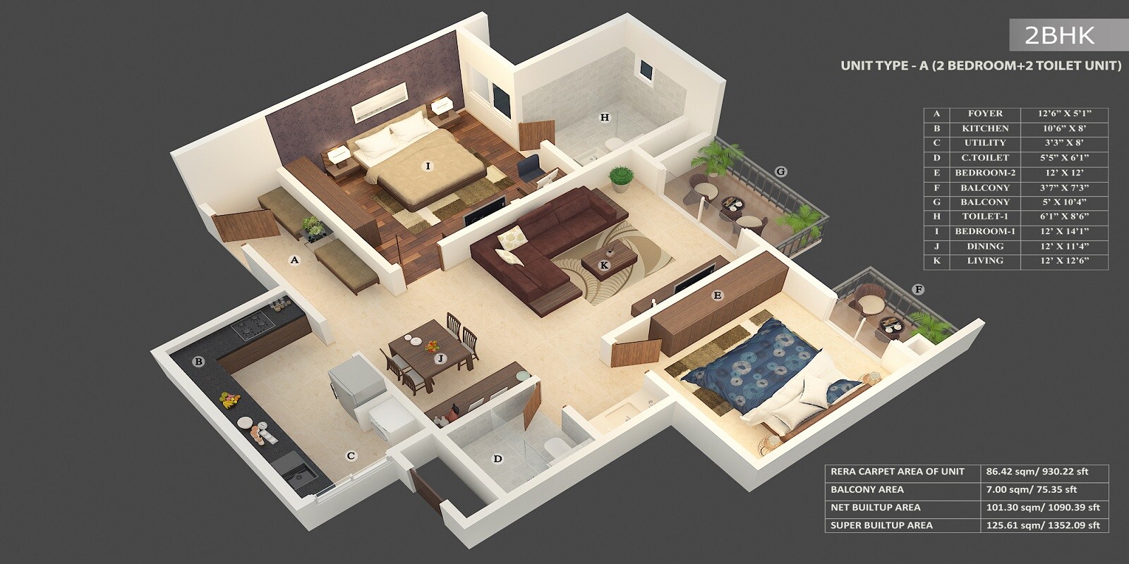 Floor plan of 2 BHK 930 Sq. Ft. Apartment in Incor Carmel Heights, Bangalore