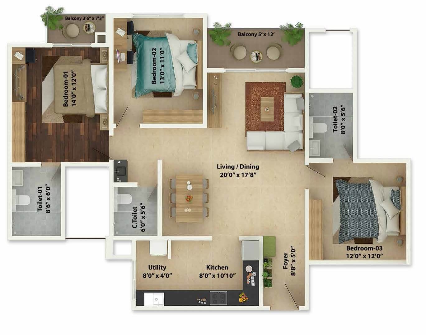 Floor plan of 3 BHK 1154 Sq. Ft. Apartment in Incor Carmel Heights, Bangalore