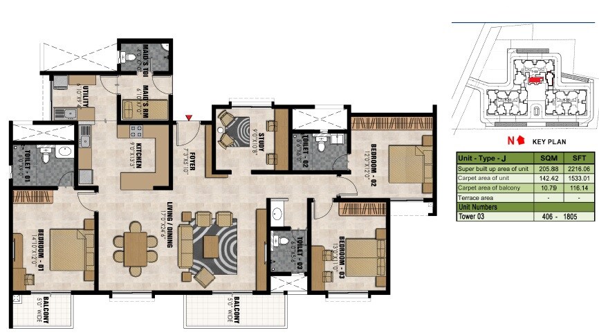 Floor plan of 3 BHK 1533 Sq. Ft. Apartment in Incor Carmel Heights, Bangalore