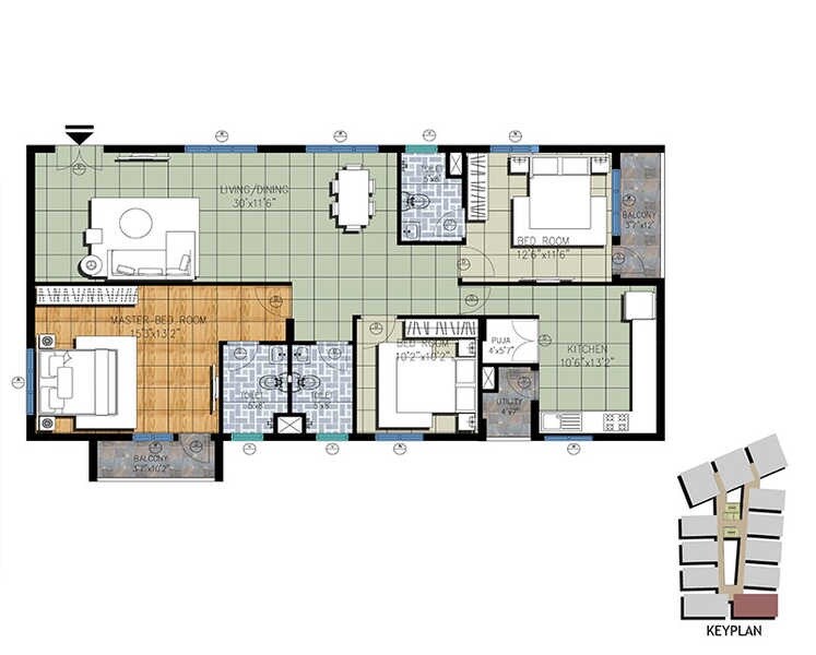 Floor plan of 3 BHK 1650 Sq. Ft. Apartment in Incor Opulence, Bangalore