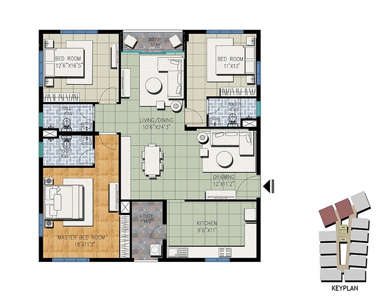 Floor plan of 3 BHK 1750 Sq. Ft. Apartment in Incor Opulence, Bangalore
