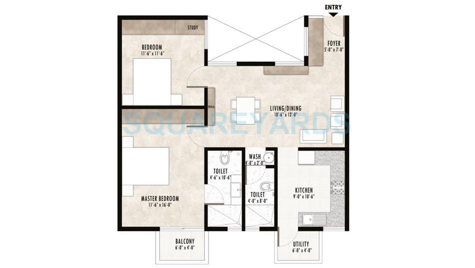 Floor plan of 2 BHK 1060 Sq. Ft. Apartment in Indaus Tropika Gardens, Bangalore