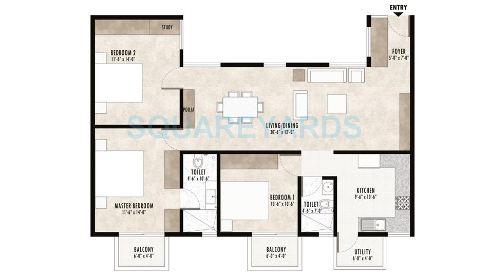 Floor plan of 3 BHK 1425 Sq. Ft. Apartment in Indaus Tropika Gardens, Bangalore