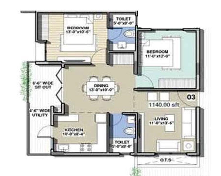 Floor plan of 2 BHK 1140 Sq. Ft. Apartment in Indes Willow Park, Bangalore