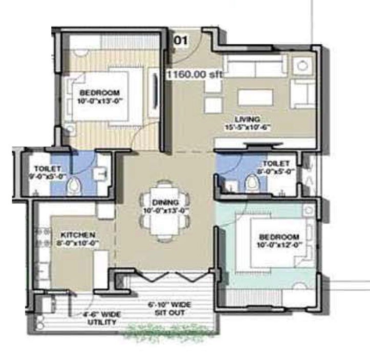 Floor plan of 2 BHK 1160 Sq. Ft. Apartment in Indes Willow Park, Bangalore