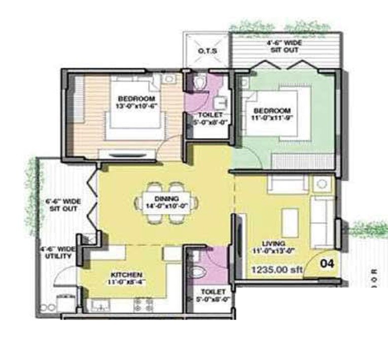 Floor plan of 2 BHK 1235 Sq. Ft. Apartment in Indes Willow Park, Bangalore