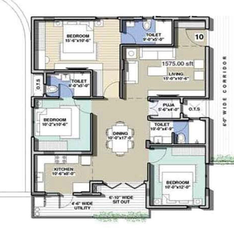 Floor plan of 3 BHK 1575 Sq. Ft. Apartment in Indes Willow Park, Bangalore