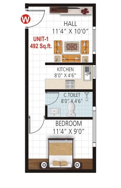Floor plan of 1 BHK 492 Sq. Ft. Apartment in Indio Classic, Bangalore