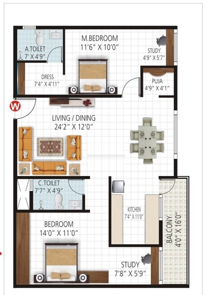 Floor plan of 2 BHK 1217 Sq. Ft. Apartment in Indio Classic, Bangalore