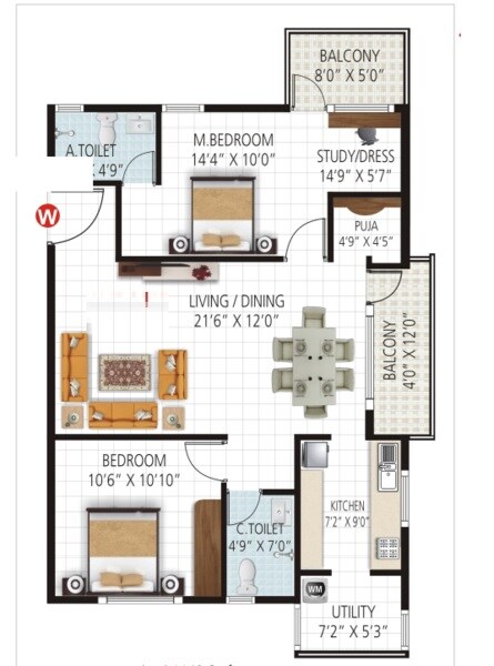 Floor plan of 2 BHK 960 Sq. Ft. Apartment in Indio Classic, Bangalore