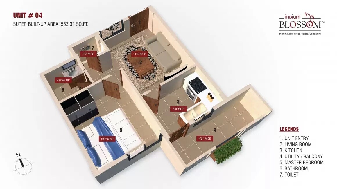 Floor plan of 1 BHK 553 Sq. Ft. Apartment in Indium Blossom, Bangalore