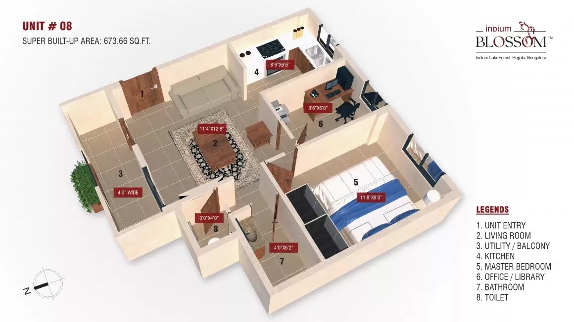 Floor plan of 1 BHK 674 Sq. Ft. Apartment in Indium Blossom, Bangalore