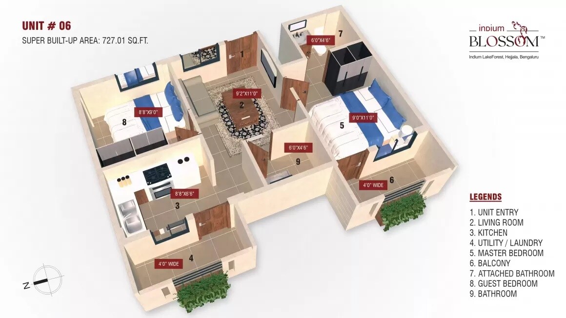 Floor plan of 2 BHK 727 Sq. Ft. Apartment in Indium Blossom, Bangalore