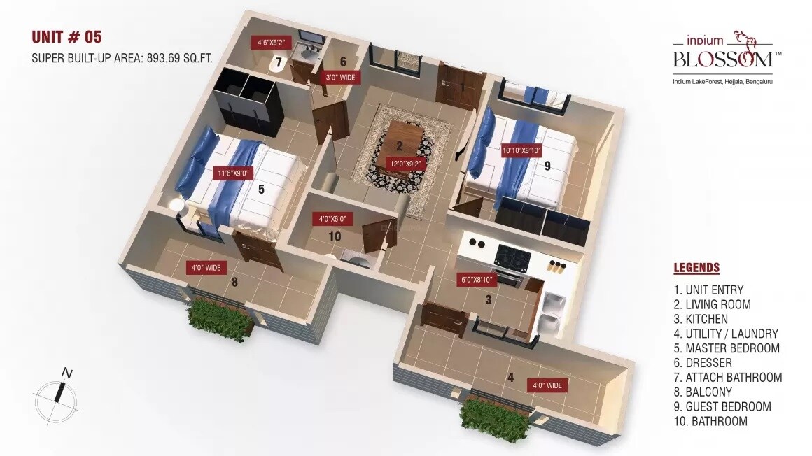 Floor plan of 2 BHK 894 Sq. Ft. Apartment in Indium Blossom, Bangalore