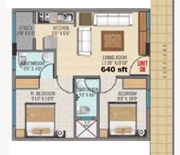 Floor plan of 2 BHK 640 Sq. Ft. Apartment in Indus Kaveri, Bangalore