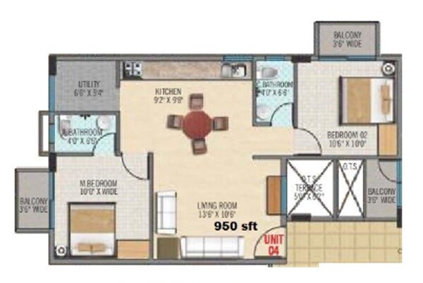 Floor plan of 2 BHK 950 Sq. Ft. Apartment in Indus Kaveri, Bangalore