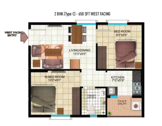 Floor plan of 2 BHK 650 Sq. Ft. Apartment in Indya Estates Skyview, Bangalore