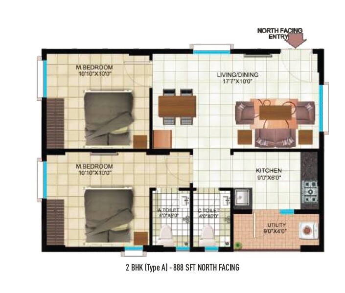 Floor plan of 2 BHK 888 Sq. Ft. Apartment in Indya Estates Skyview, Bangalore