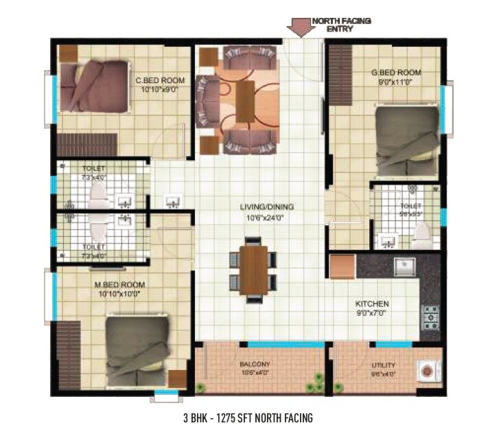Floor plan of 3 BHK 1275 Sq. Ft. Apartment in Indya Estates Skyview, Bangalore