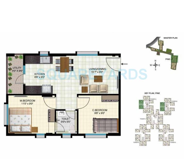 Floor plan of 2 BHK 695 Sq. Ft. Apartment in Indya Estates The Greens, Bangalore