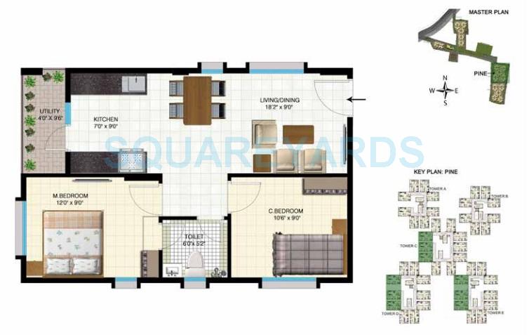 Floor plan of 2 BHK 750 Sq. Ft. Apartment in Indya Estates The Greens, Bangalore