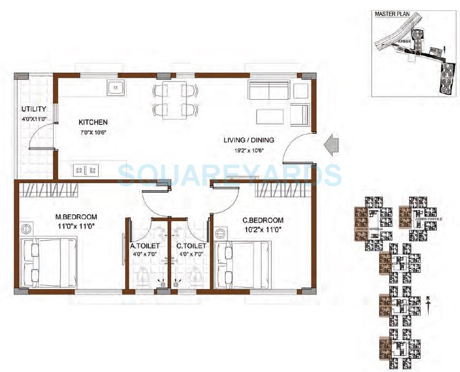 Floor plan of 2 BHK 890 Sq. Ft. Apartment in Indya Estates The Greens, Bangalore