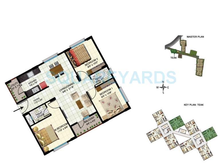Floor plan of 3 BHK 1118 Sq. Ft. Apartment in Indya Estates The Greens, Bangalore