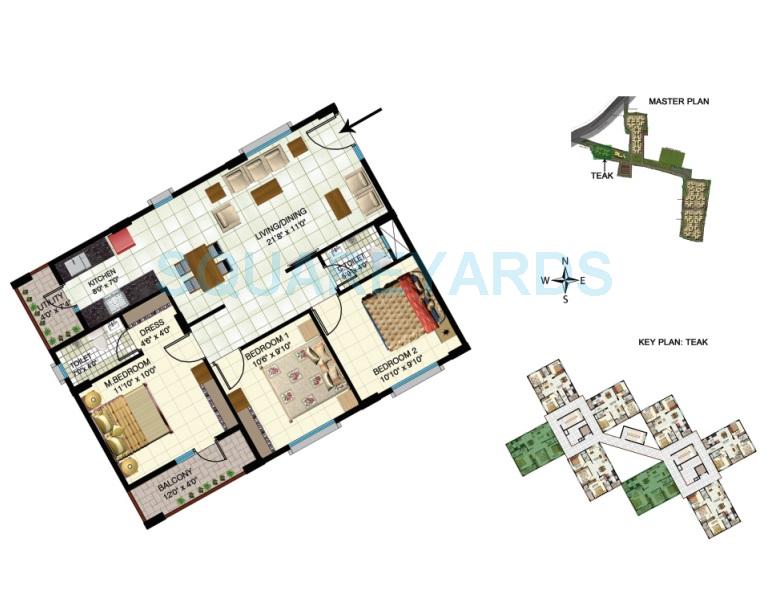 Floor plan of 3 BHK 1202 Sq. Ft. Apartment in Indya Estates The Greens, Bangalore