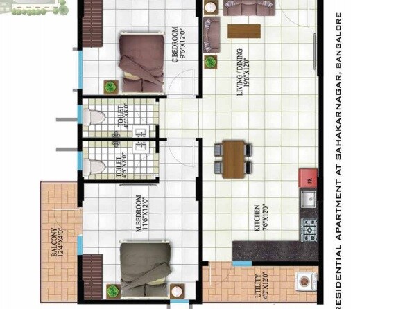 Floor plan of 2 BHK 1182 Sq. Ft. Apartment in Indya Estates The Mist, Bangalore