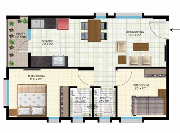 Floor plan of 2 BHK 750 Sq. Ft. Apartment in Indya The Greens, Bangalore