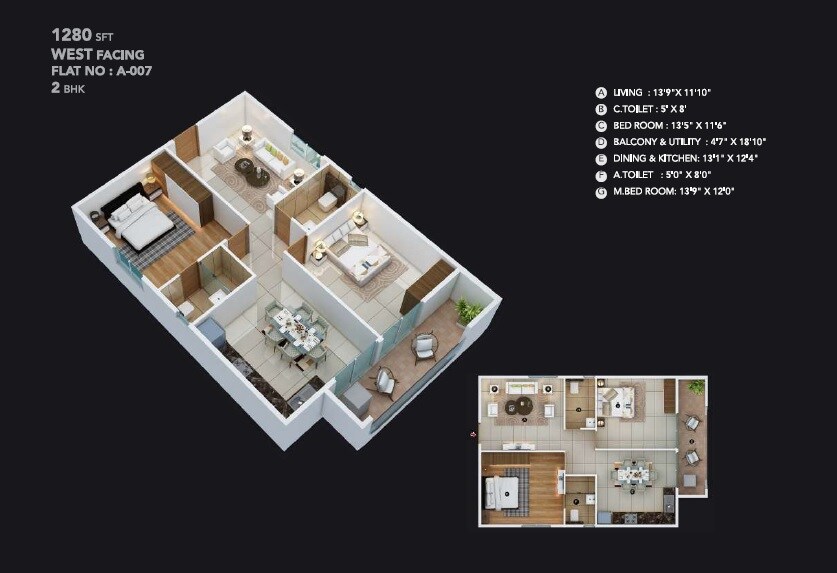 Floor plan of 2 BHK 1280 Sq. Ft. Apartment in Infinity Greenwoods, Bangalore