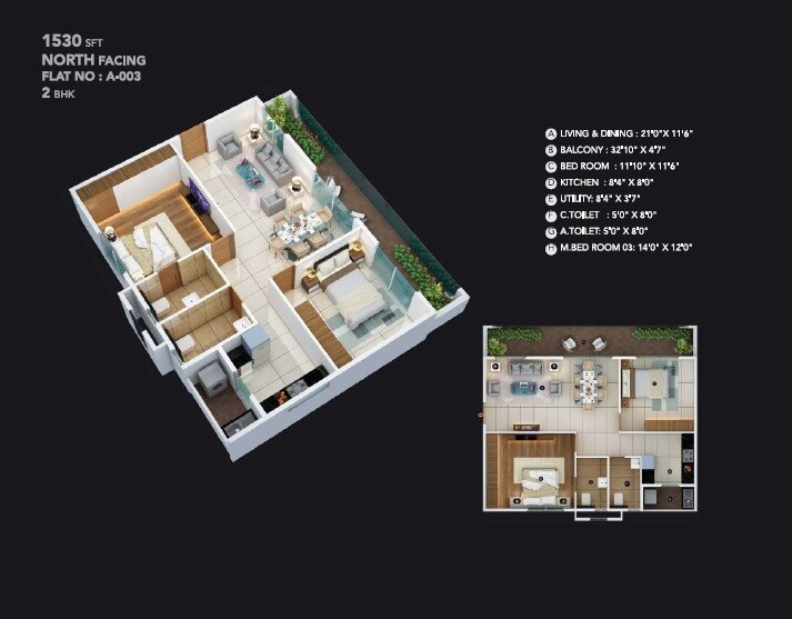 Floor plan of 2 BHK 1530 Sq. Ft. Apartment in Infinity Greenwoods, Bangalore