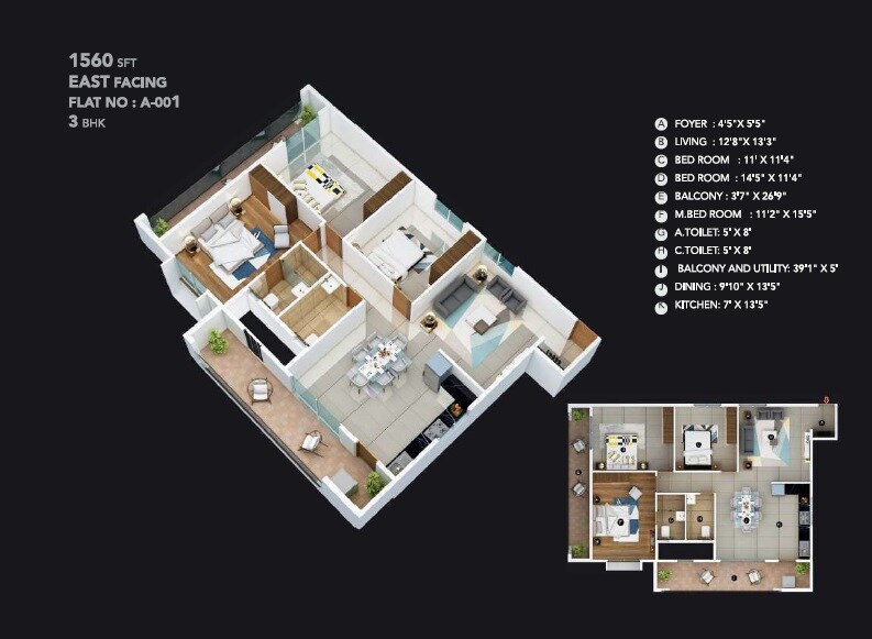 Floor plan of 3 BHK 1560 Sq. Ft. Apartment in Infinity Greenwoods, Bangalore