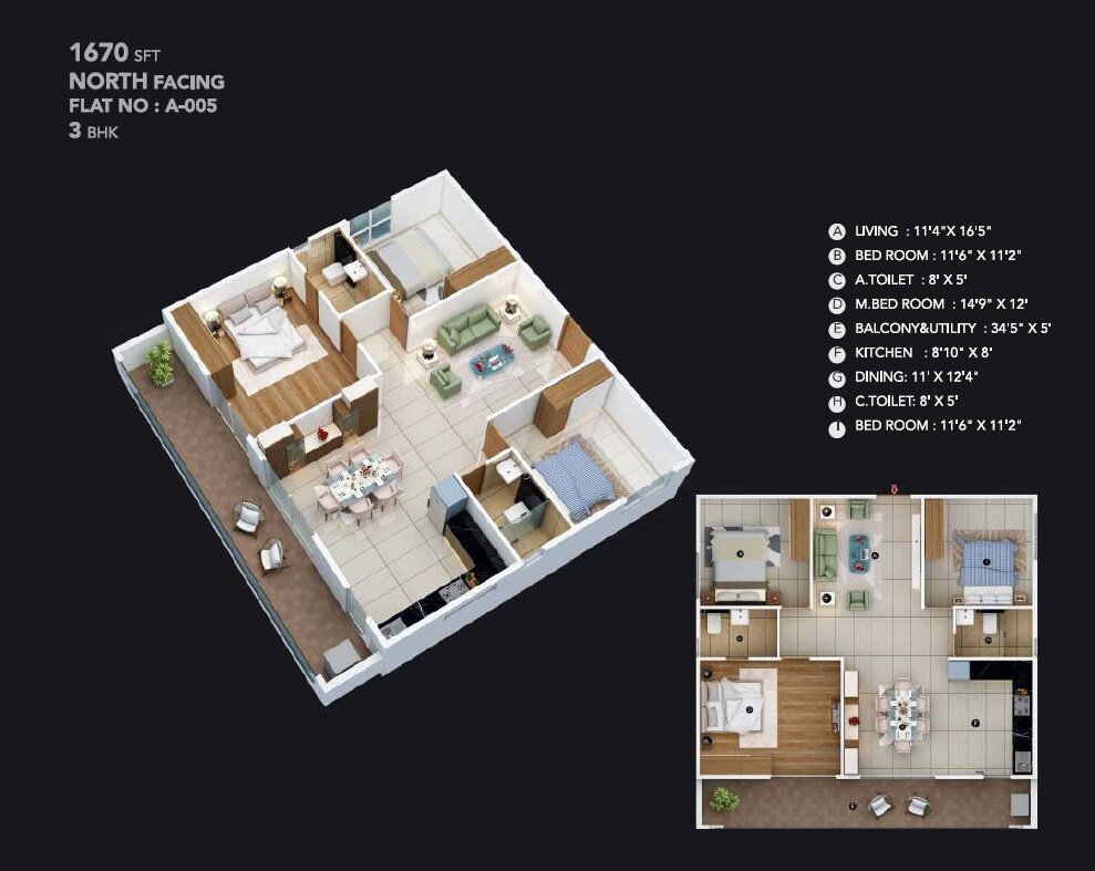 Floor plan of 3 BHK 1670 Sq. Ft. Apartment in Infinity Greenwoods, Bangalore