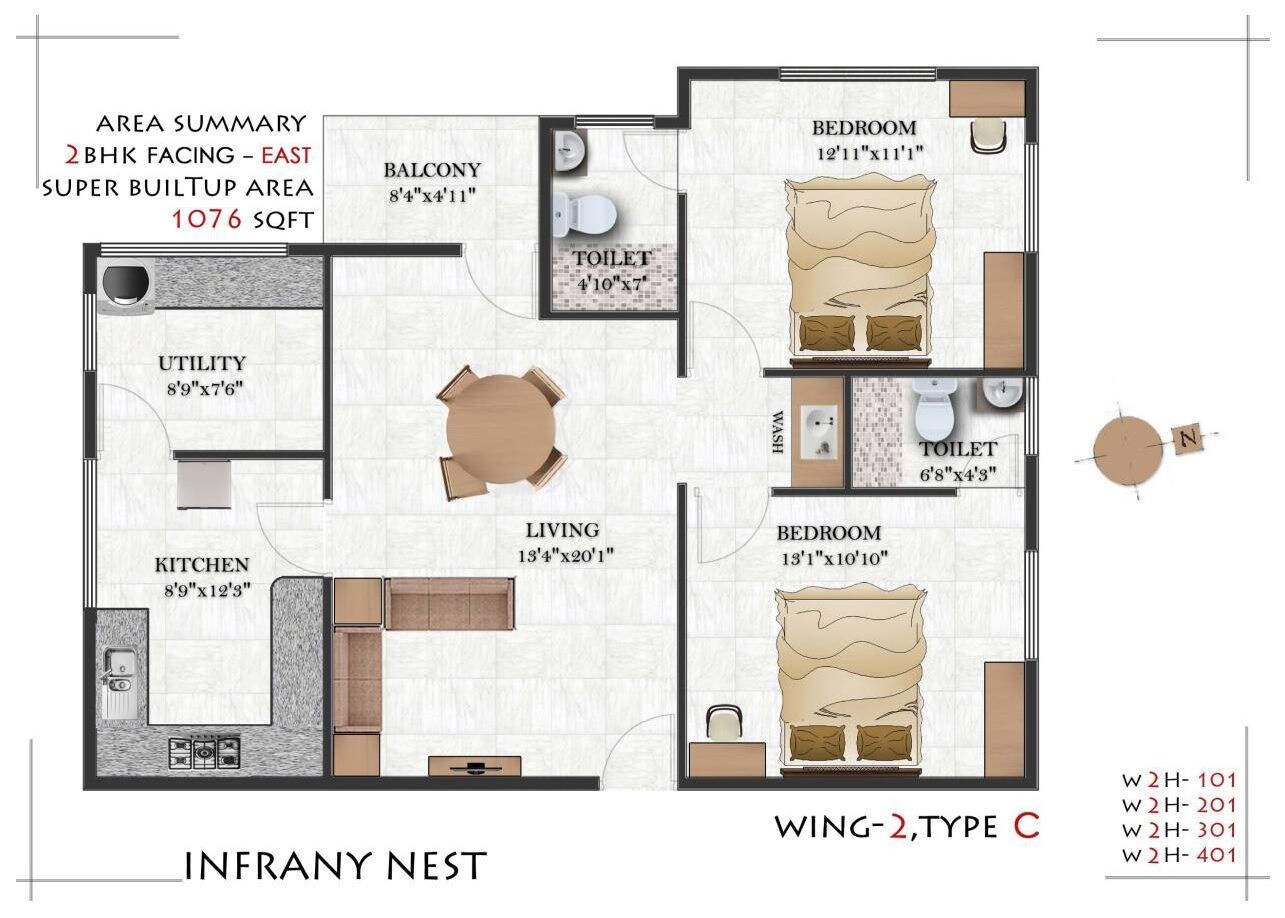Floor plan of 2 BHK 1076 Sq. Ft. Apartment in Infrany Nest, Bangalore