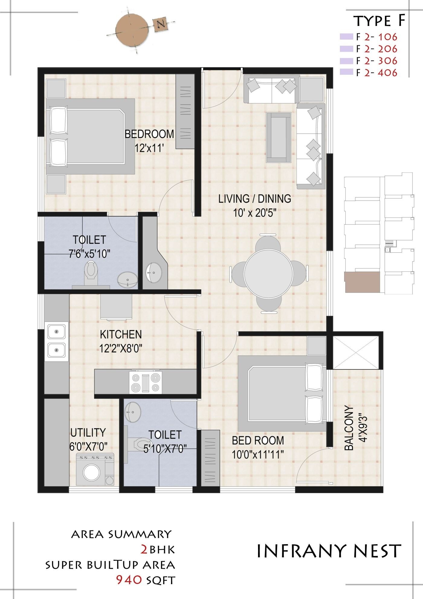 Floor plan of 2 BHK 940 Sq. Ft. Apartment in Infrany Nest, Bangalore
