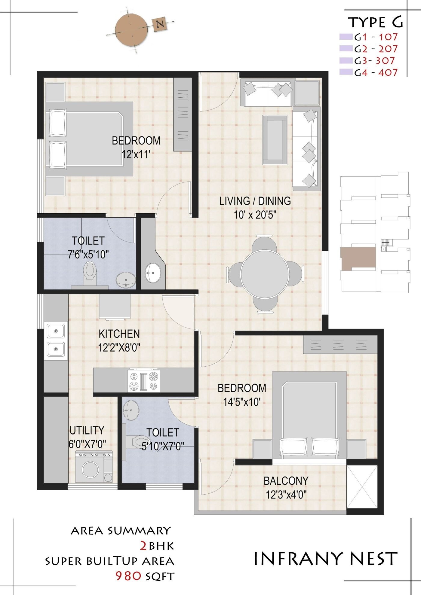 Floor plan of 2 BHK 980 Sq. Ft. Apartment in Infrany Nest, Bangalore