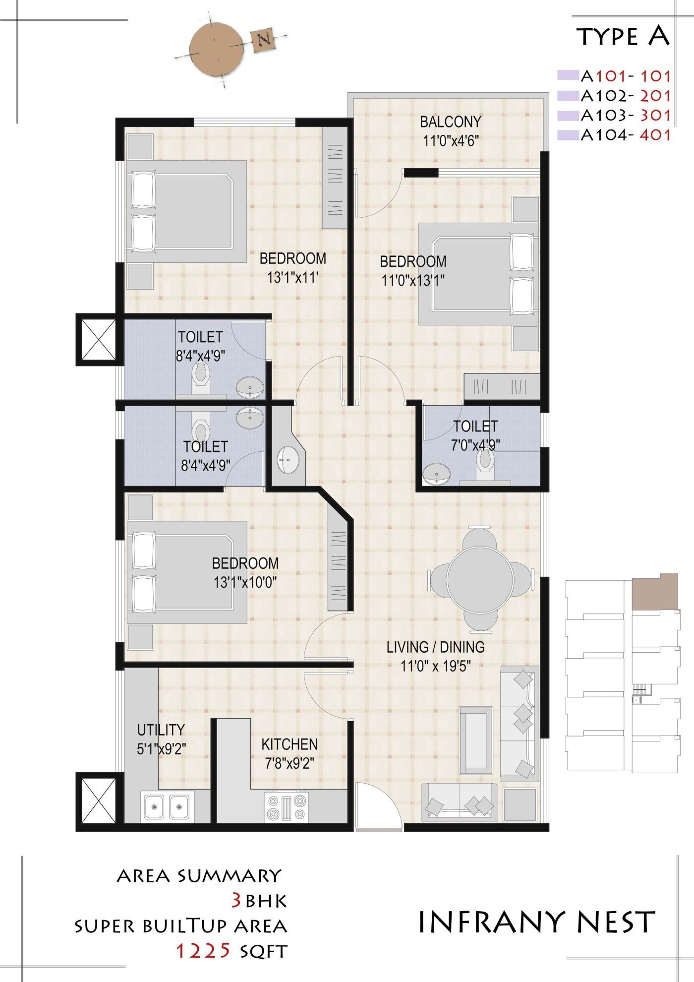 Floor plan of 3 BHK 1225 Sq. Ft. Apartment in Infrany Nest, Bangalore