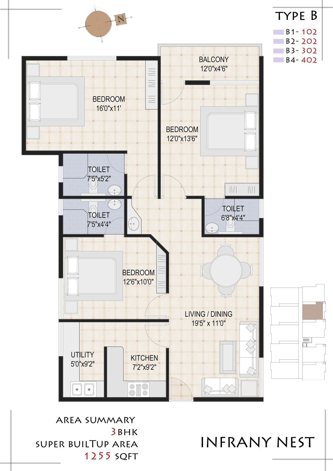 Floor plan of 3 BHK 1255 Sq. Ft. Apartment in Infrany Nest, Bangalore