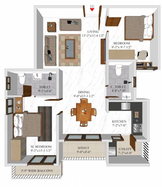Floor plan of 2 BHK 1057 Sq. Ft. Apartment in Inland Nestopia, Bangalore