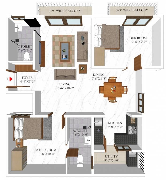 Floor plan of 2 BHK 1165 Sq. Ft. Apartment in Inland Nestopia, Bangalore