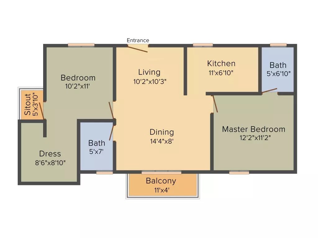 Floor plan of 2 BHK 1099 Sq. Ft. Apartment in Inner Urban Eco Space, Bangalore
