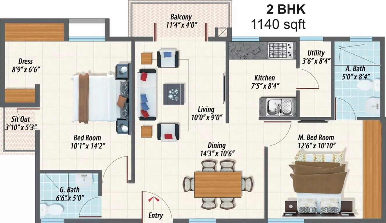 Floor plan of 2 BHK 1140 Sq. Ft. Apartment in Inner Urban Eco Space, Bangalore