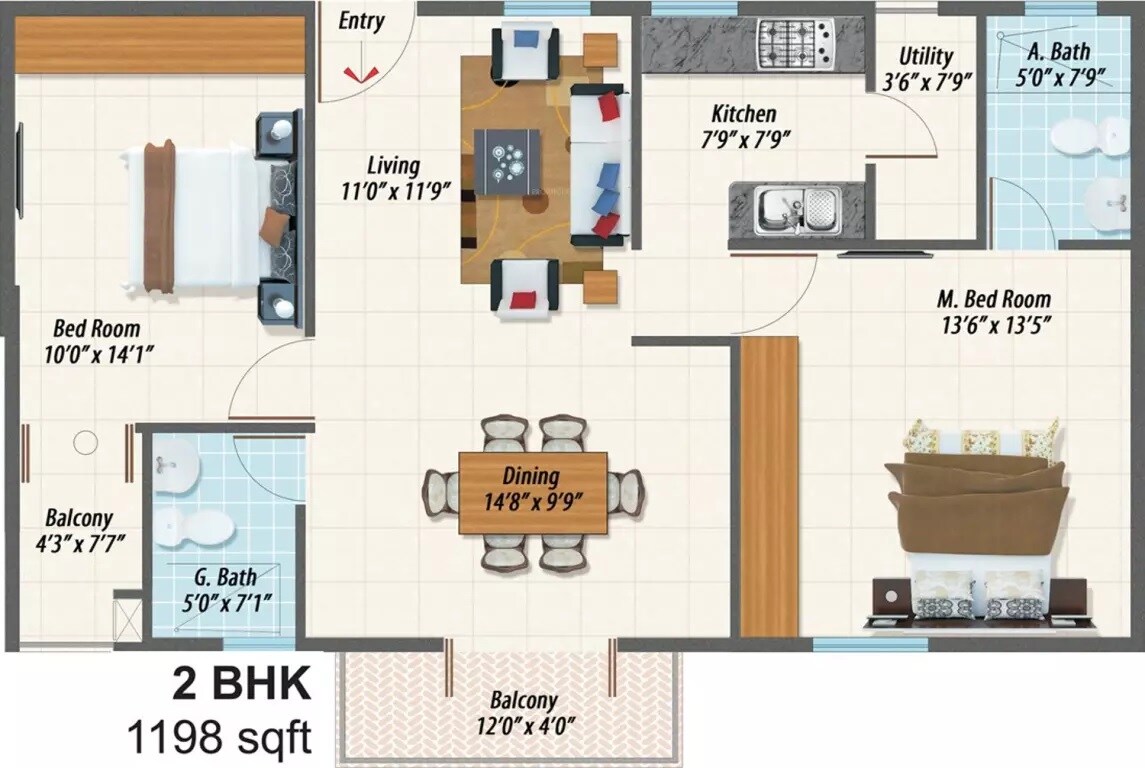 Floor plan of 2 BHK 1198 Sq. Ft. Apartment in Inner Urban Eco Space, Bangalore